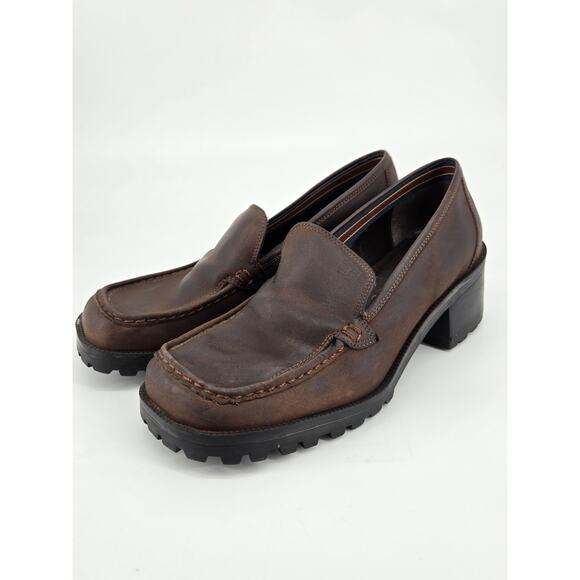 VTG 90s Y2K Tommy Hilfiger Brown Leather Lug Chunky Heel Platform Shoe Sz 7.5 - Picture 1 of 16